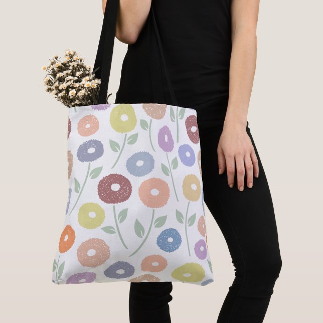 Fuzzy Flower Lg Pattern Pastels on White Tote Bag (Close Up)