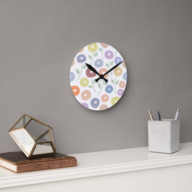 Fuzzy Flower Lg Pattern Pastels Round Clock (Office)