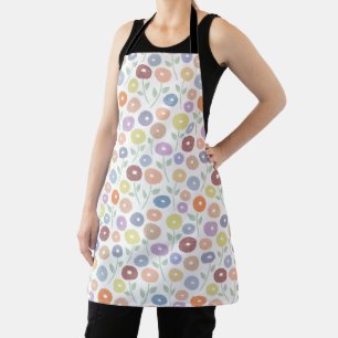 Fuzzy Flower Pattern Pastels on White Apron