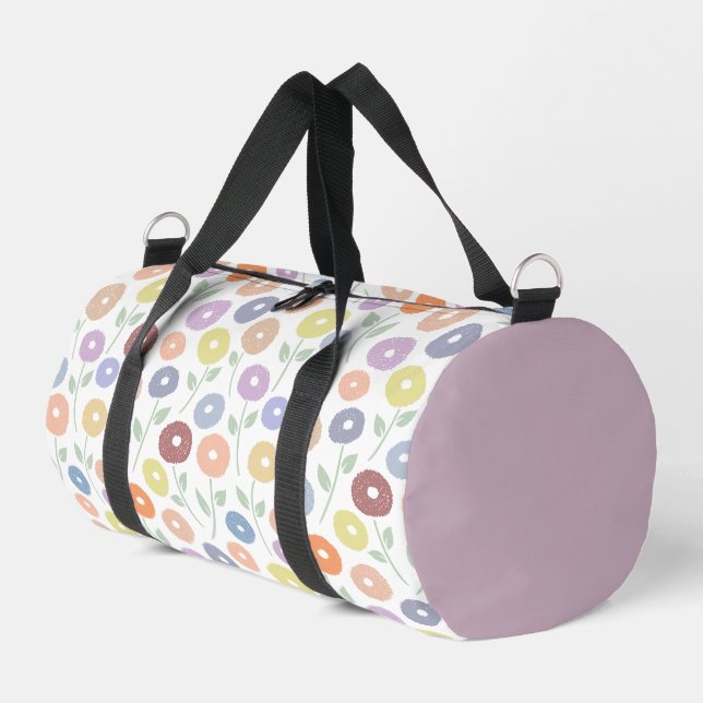 Fuzzy Flower Pattern Pastels on White Duffle Bag (Left Corner)