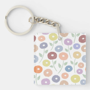 Fuzzy Flower Pattern Pastels on White Key Ring