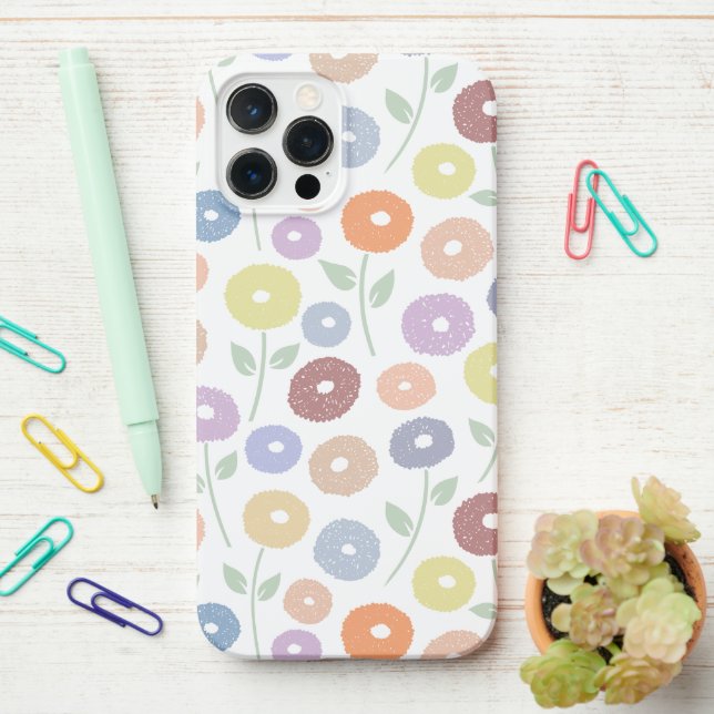 Fuzzy Flower Rpt Pattern Pastels on White iPhone Case (On Desk)
