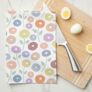 Fuzzy Flower Rpt Pattern Pastels on White Tea Towel
