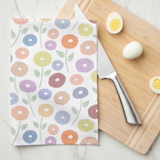 Fuzzy Flower Rpt Pattern Pastels on White Tea Towel (Quarter Fold)
