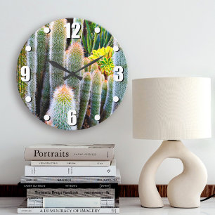 Fuzzy green cacti succulent photo modern bold large clock
