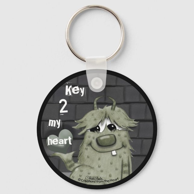 Fuzzy Green Monster with Heart Key Ring (Front)