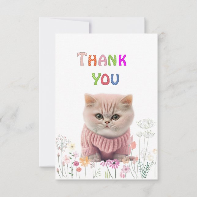 Fuzzy Kitten Pink Sweater Thank You Card (Front)