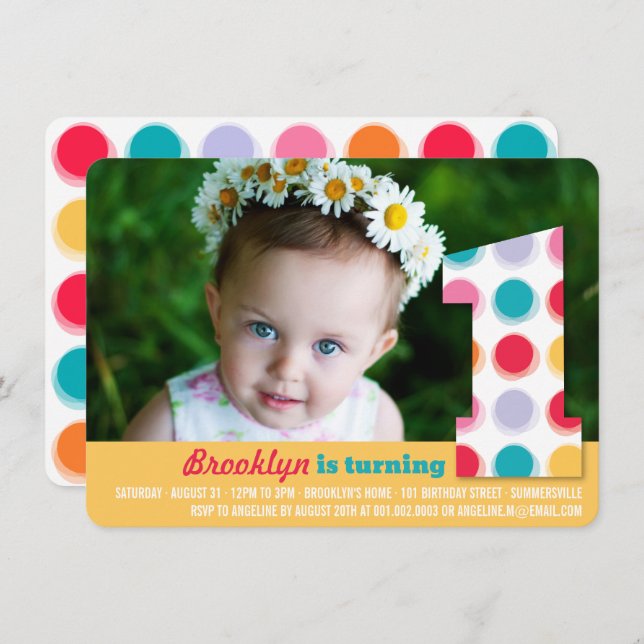 Fuzzy Modern Colour Dots 1st Birthday Party Photo Invitation (Front/Back)
