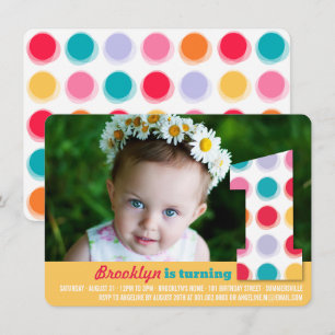 Fuzzy Modern Colour Dots 1st Birthday Party Photo Invitation