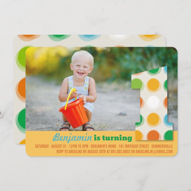 Fuzzy Modern Colour Dots 1st Birthday Party Photo Invitation (Front/Back)