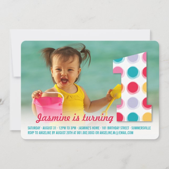 Fuzzy Modern Colour Dots 1st Birthday Party Photo Invitation (Front)