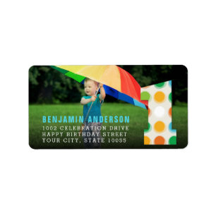 Fuzzy Modern Colour Dots 1st Birthday Party Photo Label