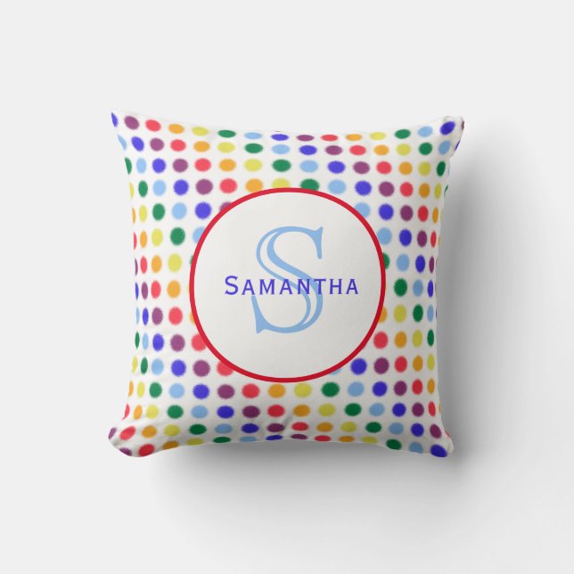 Fuzzy Rainbow Polka Dots Personalised Monogram Cushion (Front)
