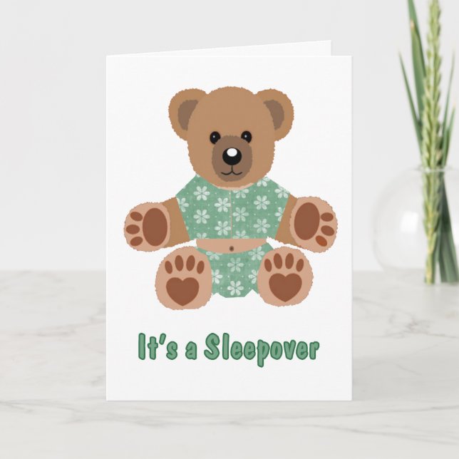 Fuzzy Teddy Bear Green Flowered Pyjamas Sleepover Invitation (Front)