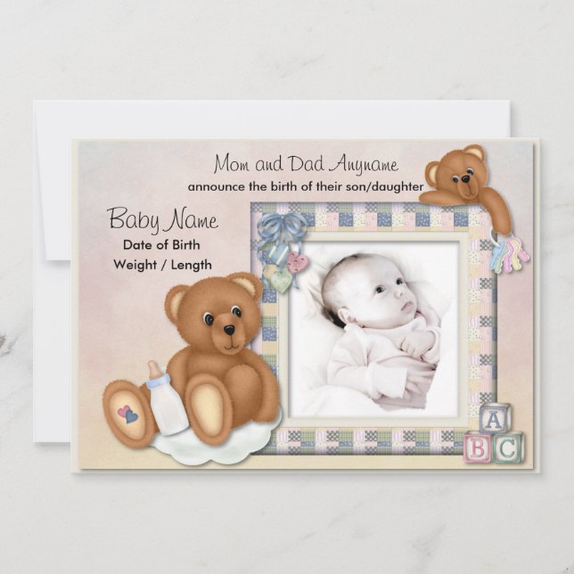 Fuzzy Teddy Bears Baby Announcement (Front)