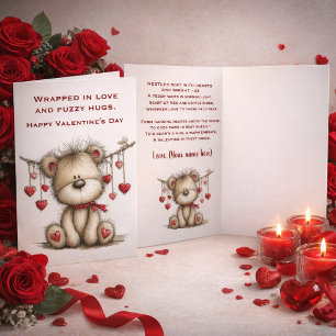 Fuzzy Valentine Bear with Hanging Hearts Holiday Card
