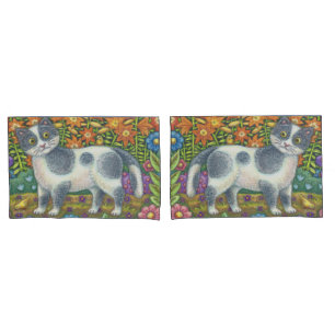 Fuzzy Wuzzy Kitten FOLK ART CAT PILLOWCASES Set