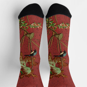 G.A. Audsley Vintage Red Japanese Bird Lotus Art Socks