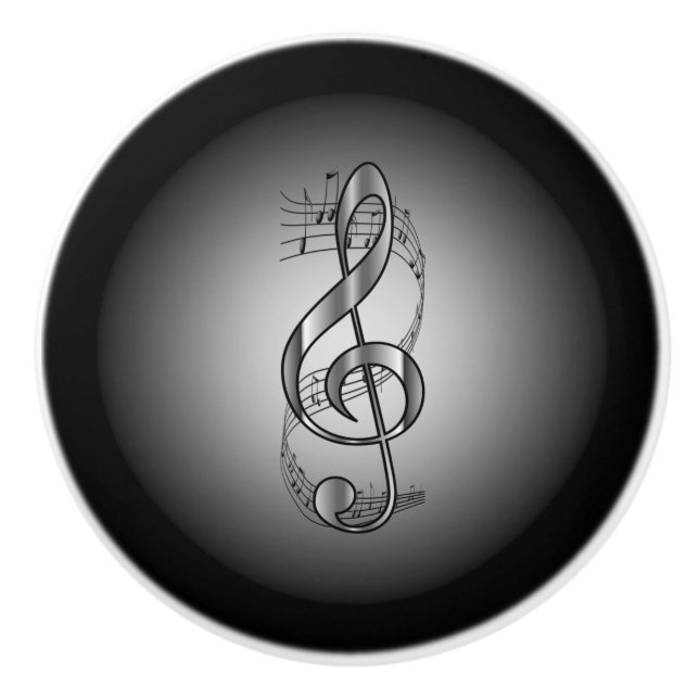 G Clef ~ Musical Scroll ~Silver/Black Background ~ Ceramic Knob (Front)