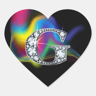"G" Diamond Bling on Rainbow Swirl Heart Sticker