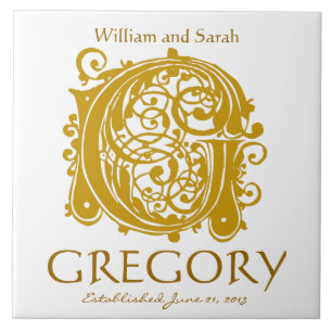 G Gold Monogram on White - Names Wedding Date Tile