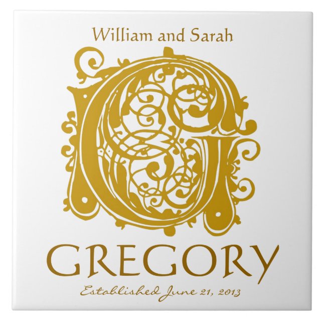G Gold Monogram on White - Names Wedding Date Tile (Front)