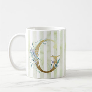 G golden initial on blue and white stripes coffee mug