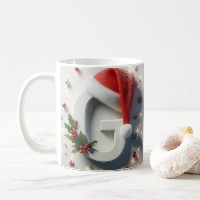 G Initial Christmas Mug – Festive Letter Design (With Donut)