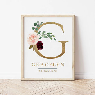 G Letter Monogram Name Marsala Floral Nursery Poster
