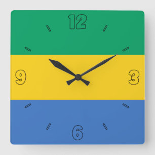 Gabon Flag Yellow Blue Green Numbers Patriotic Square Wall Clock