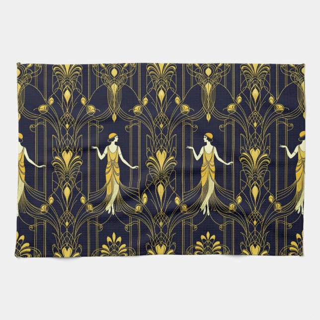 Gabsy gold and black decorative pattern tea towel (Horizontal)
