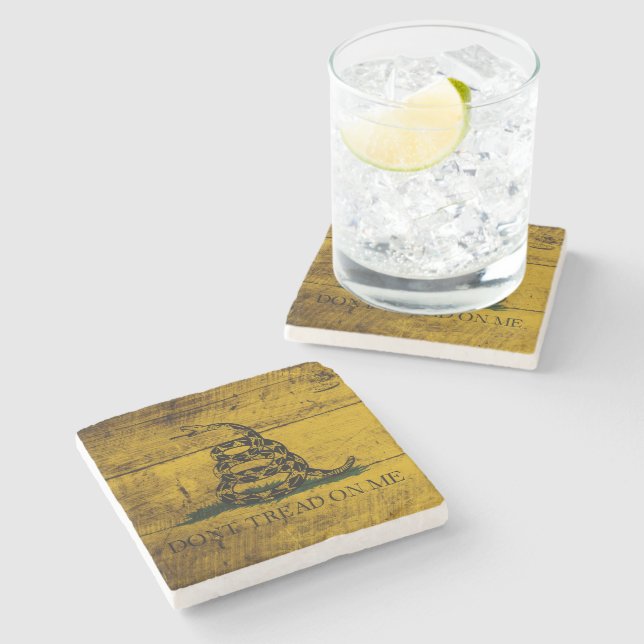 Gadsden Flag on Old Wood Grain Stone Coaster (Side)