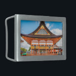 Gai-Haiden, Fushimi Inari-Taisha shrine, Kyoto #2 Belt Buckle<br><div class="desc">The Gai-Haiden (open walled outer worship hall) with a hip-and-gable roof covered in cypress bark thatch has been designated important cultural property. The iron lanterns hanging from the eaves depict the twelve signs of the zodiac.

The Gai-Haiden was first built in 1589,  and expanded to current structure at 1840.</div>