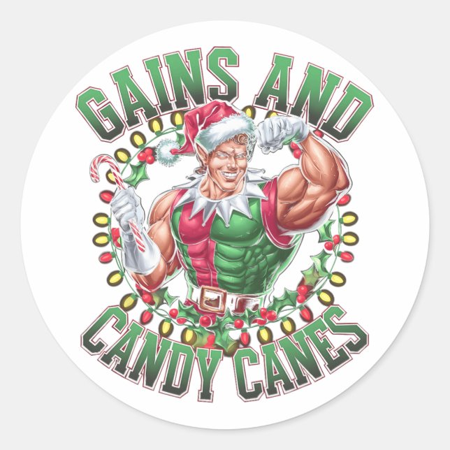 Gains And Candy Canes Funny Christmas Elf Gym Work Classic Round Sticker (Front)