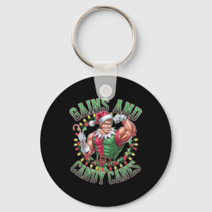 Gains And Candy Canes Funny Christmas Elf Gym Work Key Ring