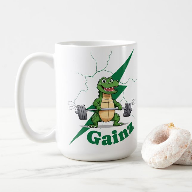 Gainz Gym Crocodile | Weightlifting Workout Coffee Mug (With Donut)