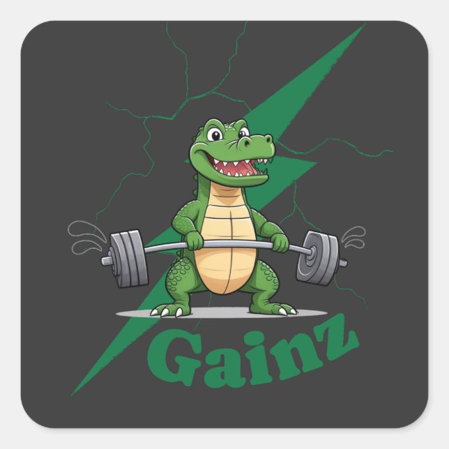 Gainz Gym Crocodile | Weightlifting Workout Square Sticker (Front)