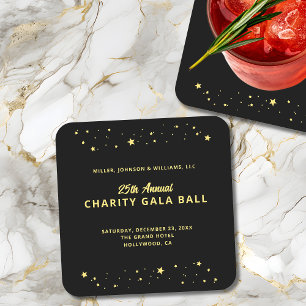 Gala Ball Charity Fundraiser Elegant Black Gold Square Paper Coaster