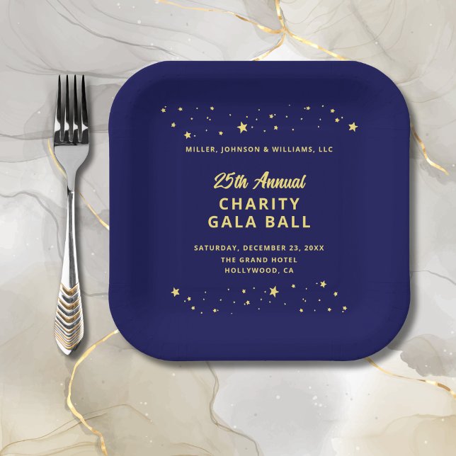 Gala Event Charity Ball Elegant Blue Gold Stars Paper Plate (Annual Charity Gala Ball Event Paper Plate in Navy Blue and Gold with Gold Stars.)