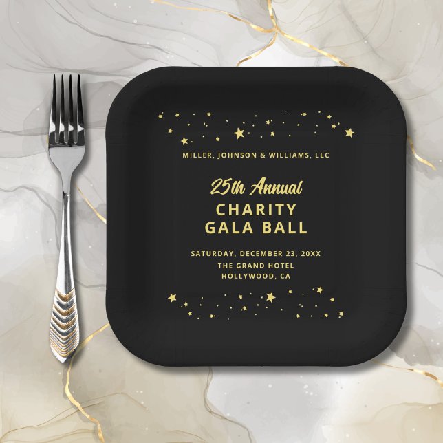 Gala Event Charity Ball Fundraiser Black Gold Star Paper Plate (Gala Event Charity Ball Fundraiser Black and Gold Paper Plate, Company Name,  Event Details, Stars.)