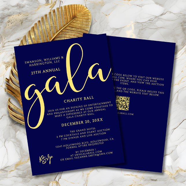 Gala Event Charity Fundraiser Elegant Blue Gold Invitation (Gala Event Charity Fundraiser Elegant Blue and Gold Invitation with Bold Script Gala for Gala Ball.)