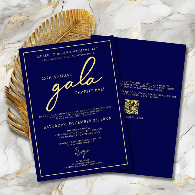 Gala Event Charity Fundraiser Elegant Blue Gold Invitation (Gala Event Charity Fundraiser Elegant Navy Blue and Gold Invitation with Script Calligraphy, QR Code)