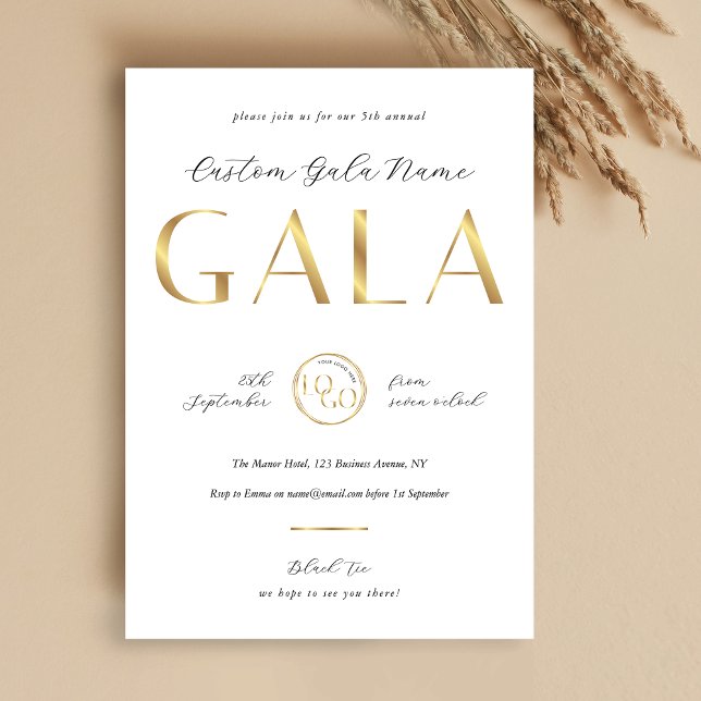 Gala Night White & Gold Logo Business Fundraiser Invitation (Creator Uploaded)