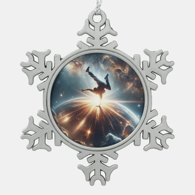 Galactic Breakdance Explosion in Deep Space Snowflake Pewter Christmas Ornament (Front)