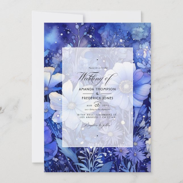 Galactic Cobalt and Silver Floral Wedding Invitation (Front)