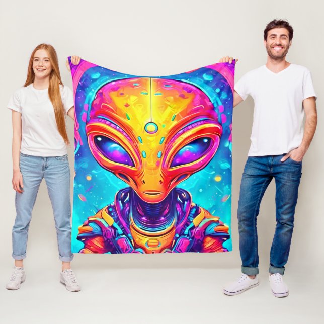 Galactic Cyborg Alien with Neon Glow Fleece Blanket (In Situ)