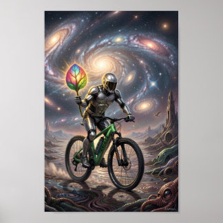 Galactic Cyclist with Luminous Leaf Poster