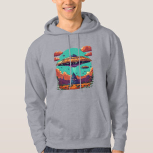 Galactic Duel: Old-School UFO Pixel Masterp Hoodie