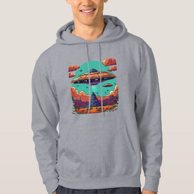Galactic Duel: Old-School UFO Pixel Masterp Hoodie (Front)
