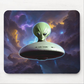 Galactic Encounter: Green Alien Head UFO Adventure Mouse Pad